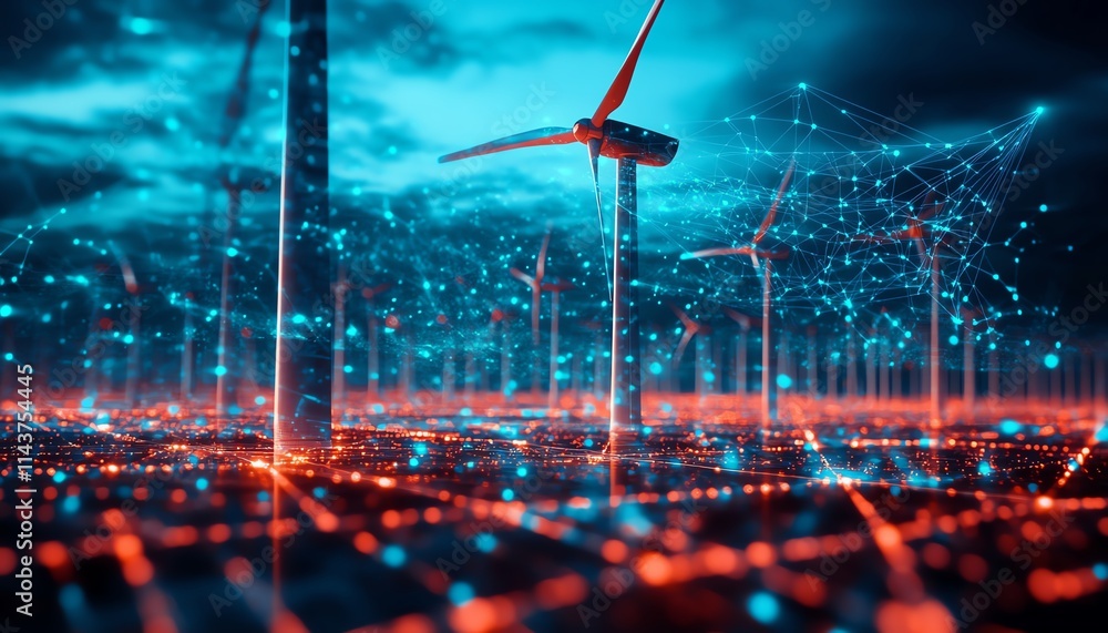 Aufkleber hightech digital graphics on wind turbines, symbolizing the future of renewable energy and technolog