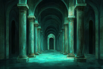 Obraz premium A serene, mystical interior with grand columns and enchanting turquoise light.