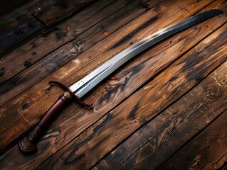 A sabre laid on a wooden background, showcasing its historical significance and craftsmanship. Soft, natural lighting.