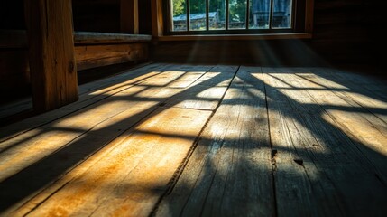 Sunbeams through window on rustic wooden floor.