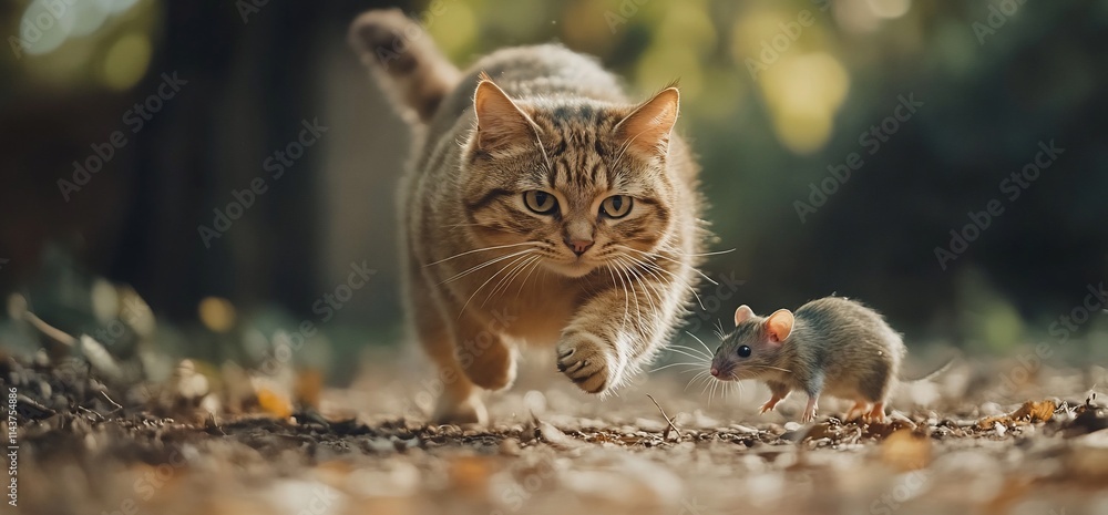 Poster a cat chases a mouse through a forest, showcasing a classic predator-prey dynamic.