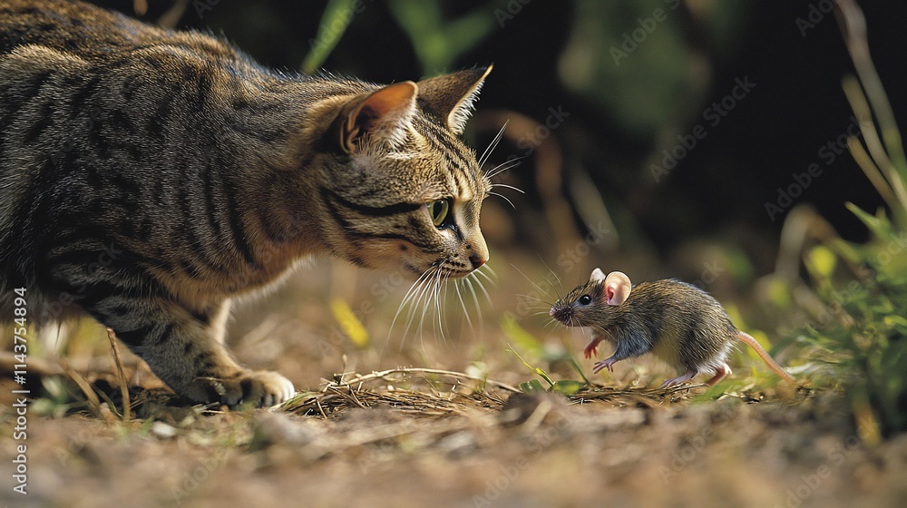 Poster a cat and a mouse face off in a natural setting, highlighting predator-prey dynamics.