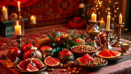 Yalda Night table with pomegranates, watermelon, nuts, and candles, featuring Persian decor and warm tones. Cozy ambiance perfect for celebrating the longest night of the year.
