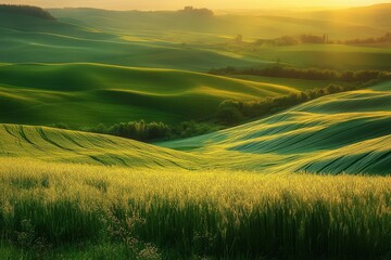 Obraz premium Rolling Green Hills Basking In Golden Sunrise Light