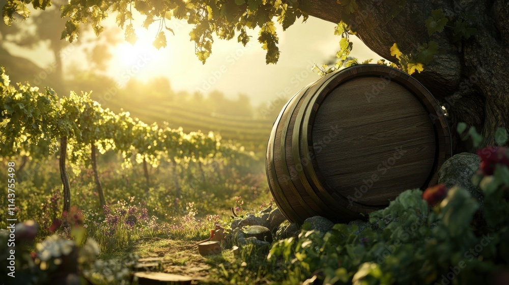Poster rustic wine barrel nestled in a vineyard at sunset with lush greenery and soft sunlight illuminating