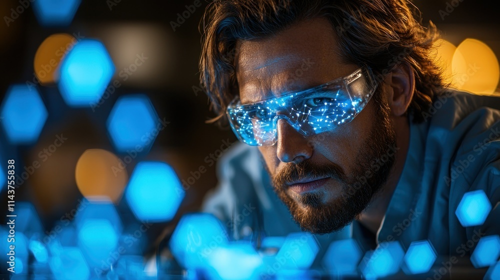 Aufkleber scientist examining glowing hexagonal shapes with goggles.