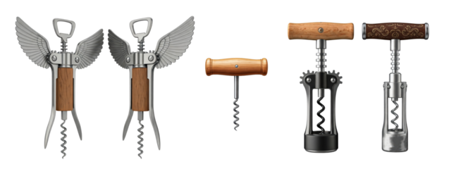 Wooden Wine Openers with ornament wings and Corkscrews Set Display aura shadow radiant, PNG set collection, isolated on transparent background 300dpi