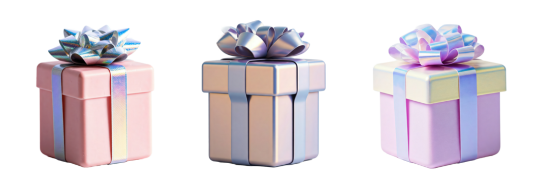 set christmas birthday gradient plastic gift box holographic Iridescent 3d render icon radiant aura shadow png isolated on white background cutout 300dpi