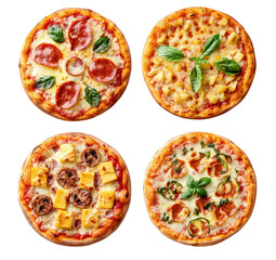 four different kinds of pizza on transparent background with a pepperoni. a pineapple. a cheese and meat. and a spicy pizza