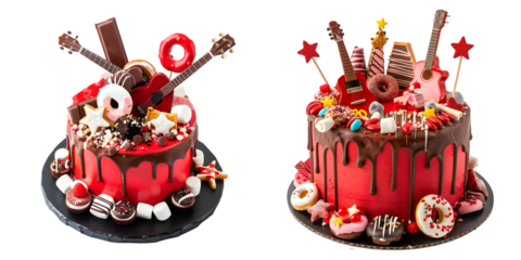 Red cake with melted chocolate, marshmallow, candies, toffees, guitars, donuts, cake pops and stars decoration. Generative AI.