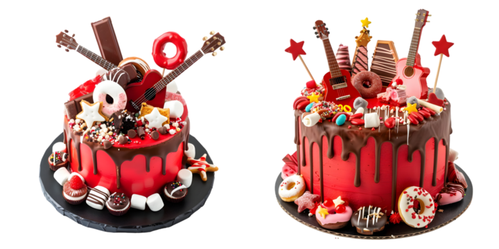 Red cake with melted chocolate, marshmallow, candies, toffees, guitars, donuts, cake pops and stars decoration. Generative AI.