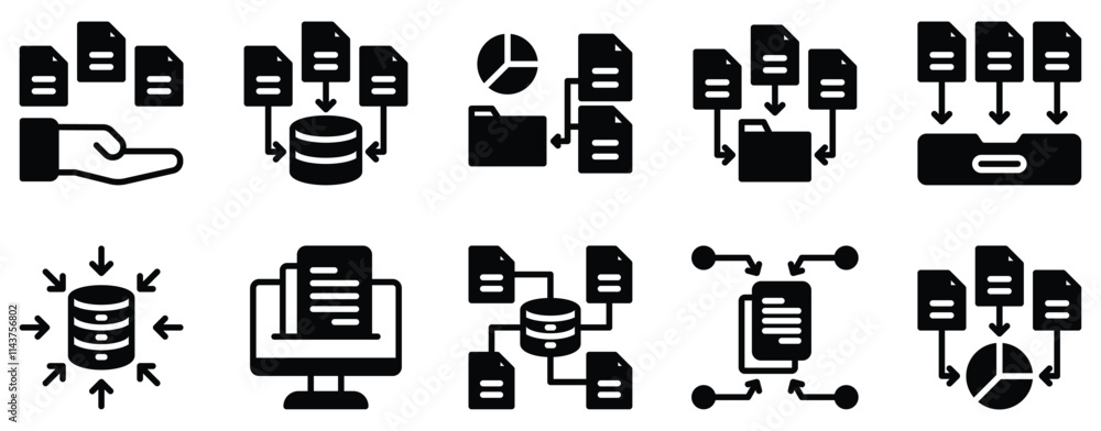 Poster data gathering icon set precise solid style collection for information collection