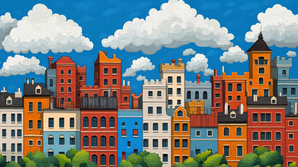 Obraz premium Colorful city skyline with diverse architectural styles and vibrant cloud patterns.