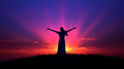 Woman standing on a hilltop at sunrise with arms open wide symbolizing the beginning of a new chapter
