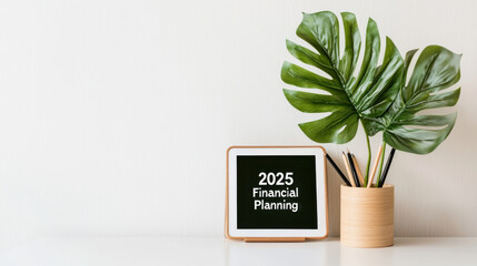 2025 Financial Planning concept. 2025 financial planning displayed on tablet with plant nearby