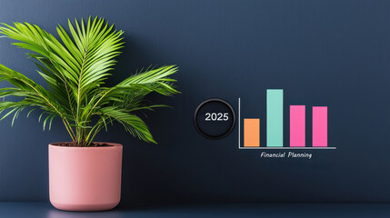 2025 Financial Planning concept. vibrant plant beside financial planning chart for 2025