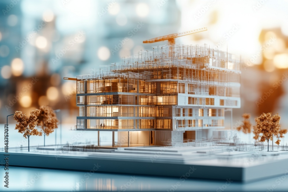 Poster a detailed architectural model of a modern building under construction with delicate lighting and a 