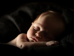 A sleeping baby on a black background, highlighting the serene and peaceful moment. Soft, gentle lighting.