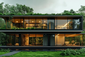 Obraz premium A modern, eco-friendly home design that harmoniously integrates with surrounding nature, showcasing sustainable architecture and seamless outdoor-indoors fusion.