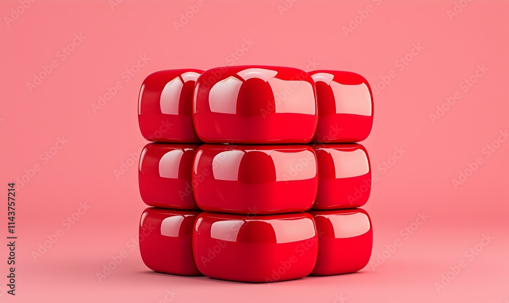 Poster Three-Dimensional Red Cubes in Array on Pink Background