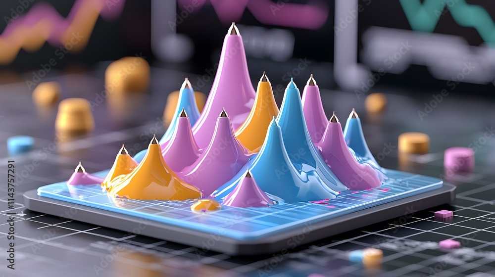Poster colorful 3d graph with peaks on grid background for data visualization