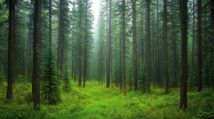 Lush Green Forest Pathway Surrounded by Tall Evergreen Trees