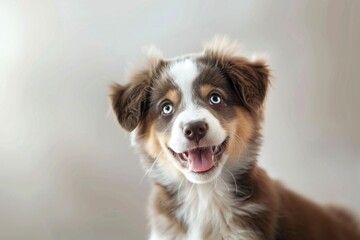 A smiling Australian Shepherd puppy portrait, capturing the joy and playfulness of the breed. Soft natural lighting, simple background.
