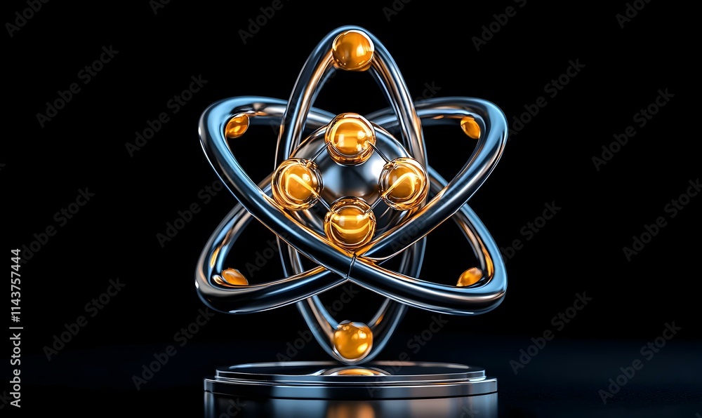 Poster 3d model of an atom with electrons orbiting around a nucleus