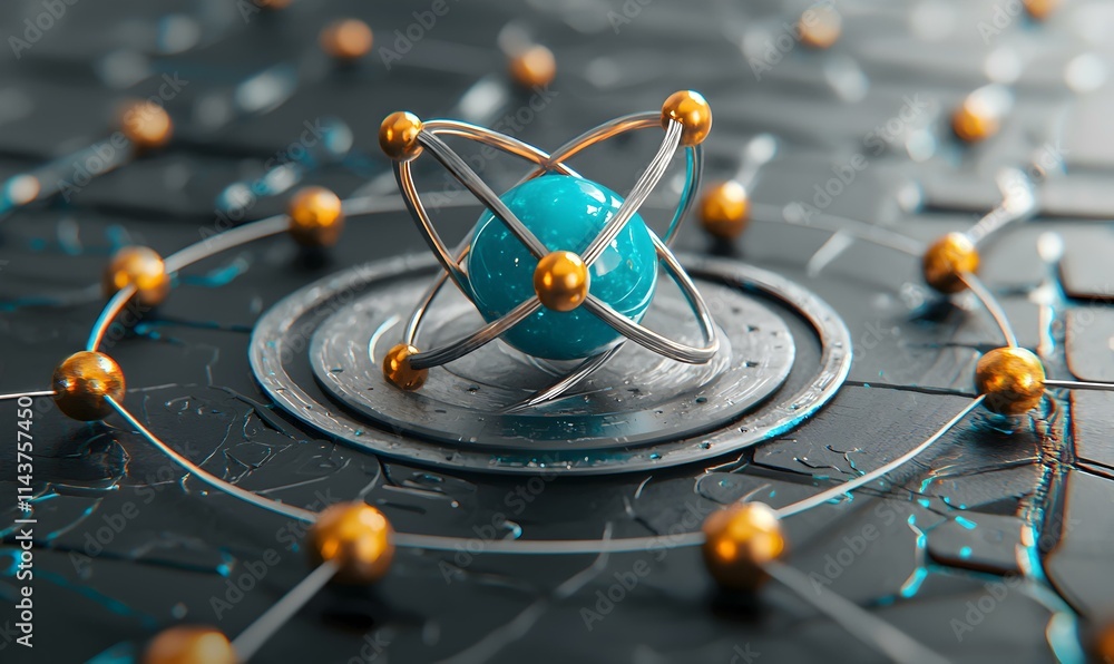 Poster 3d model of an atom with electrons orbiting in dynamic visualization