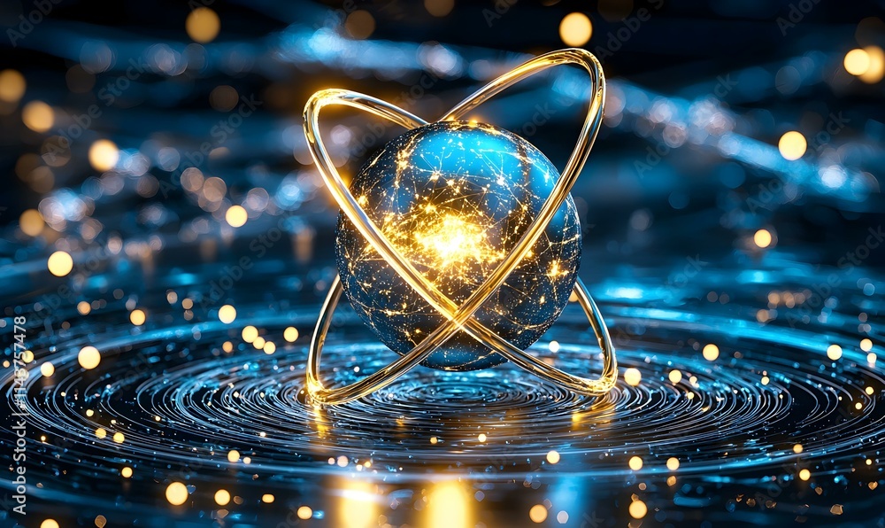 Aufkleber 3d model of atom with electrons orbiting in a digital environment