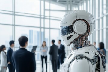 A humanoid robot stands among business professionals engaged in conversation, showcasing a high-tech environment, symbolizing AI integration and technological collaboration.