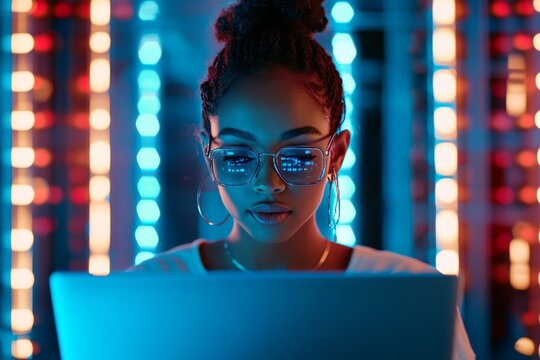 A stylish woman wearing glasses is focused on her laptop in a colorful, high-tech server room, highlighting the intersection of technology and creativity today.