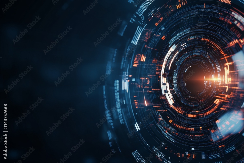 Poster a futuristic digital interface composed of circular patterns and dynamic orange and blue lights, hig