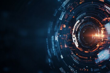 A futuristic digital interface composed of circular patterns and dynamic orange and blue lights, highlighting the essence of technology and innovation through design.