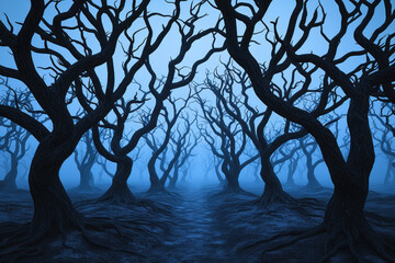 Mysterious forest with twisted branches and fog creating an eerie atmosphere.