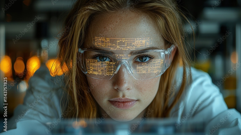 Aufkleber scientist analyzing data with digital glasses in lab.