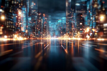 Obraz premium A bustling, yet somehow vacant, futuristic cityscape shines with dazzling orange and blue streaks, capturing the essence of modern urban sprawl at night.