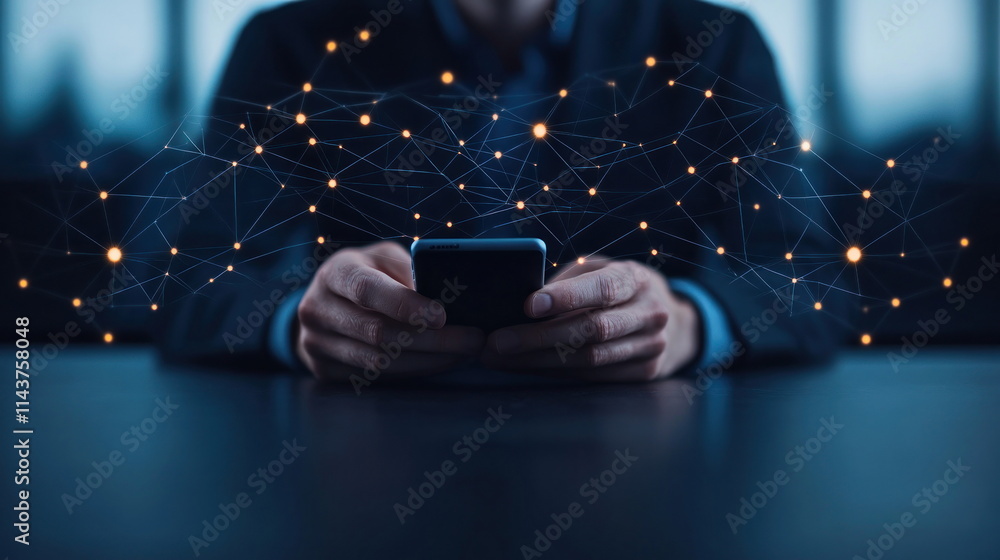 Aufkleber Digital interaction business professional engaging with mobile device modern office focused view Blur Background