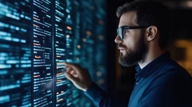 Analyzing data trends tech lab digital analytics high-tech environment side view innovation