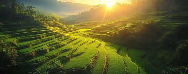 Obraz premium Sunrise illuminating lush green fields, golden light casting long shadows, highlighting the richness of agricultural landscapes