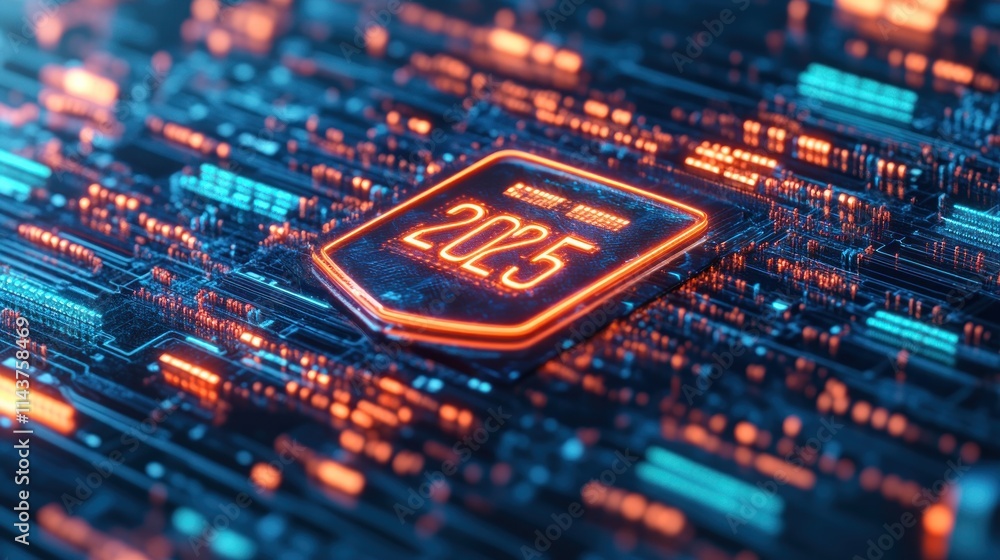 Poster futuristic digital circuit board design for 2025 technology trends abstract environment blur backgro