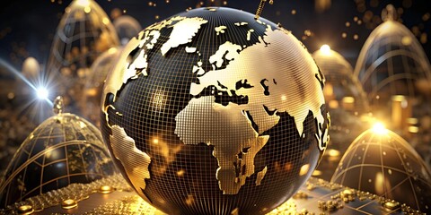 Fototapeta premium 3D Golden Globe of Stock Market and Currency Symbols