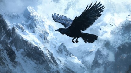 Fototapeta premium Raven soaring over snow-capped mountains.