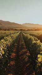 Fototapeta premium Expansive vineyard rows under a golden sunset near the mountains in calm countryside landscape