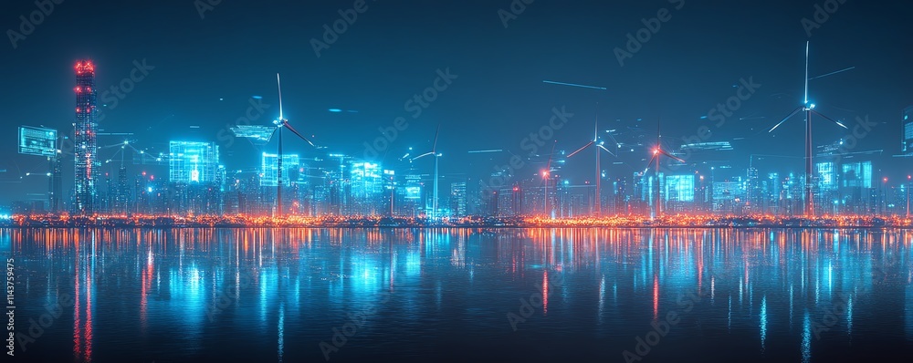 Poster wind turbines adorned with futuristic digital overlays, representing the rapid advancements in techn
