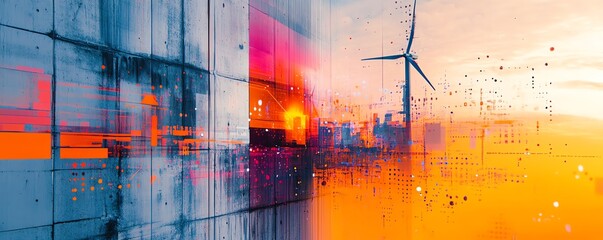 Wind turbines adorned with futuristic digital overlays, representing the rapid advancements in technology and renewable energy solutions