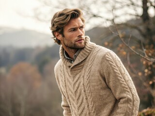 Man Posing Outdoors in Cozy Sweater Amid Autumn Landscape
