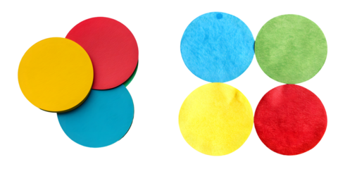  Round green, yellow, red and blue paper stickers. Generative AI.