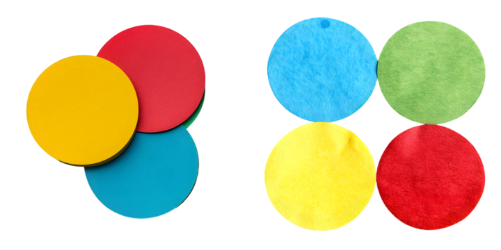  Round green, yellow, red and blue paper stickers. Generative AI. - Powered by Adobe