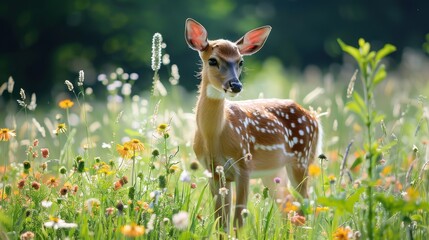 A spotted deer standing in a sunny meadow, surrounded by tall grass and wildflowers. Natural daylight.
